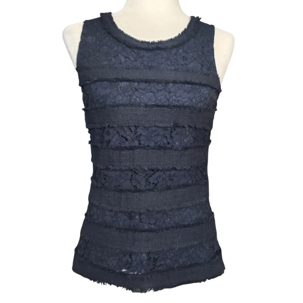 J. Crew Navy Blue Lace Trim Top Sleeveless Mixed Media Office Career Preppy XS